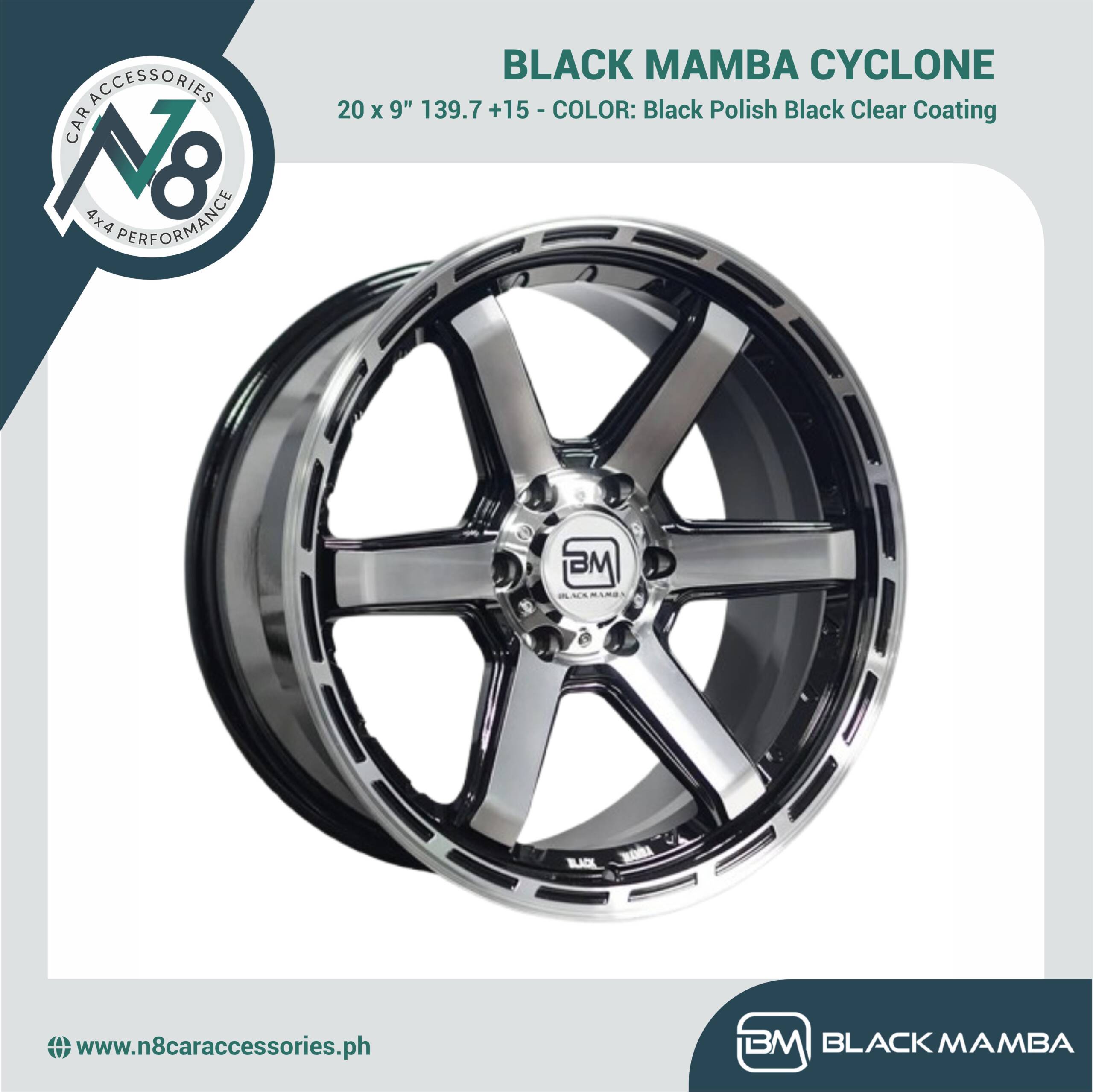 BLACK MAMBA CYCLONE 20x9" 139.7 +15 BLACK POLISH BLACK CLEAR COATING Genuine