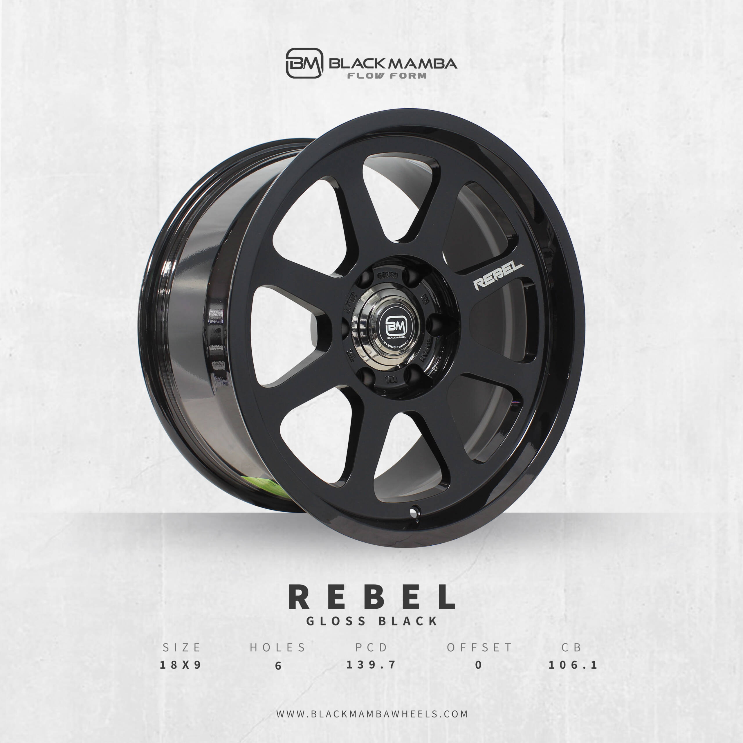 BLACK MAMBA REBEL 18x9" 139.7 +00 GLOSS BLACK Genuine - Image 3