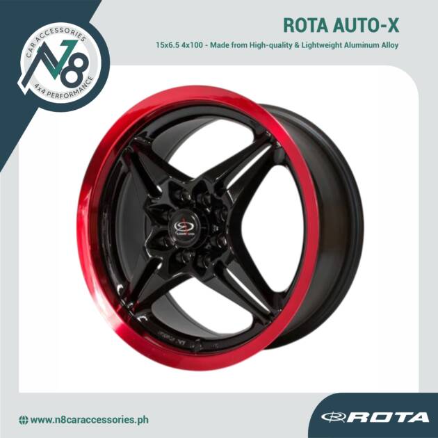 ROTA AUTO-X 15x6.5 4x100 BLACK RED LIP Wheels Genuine