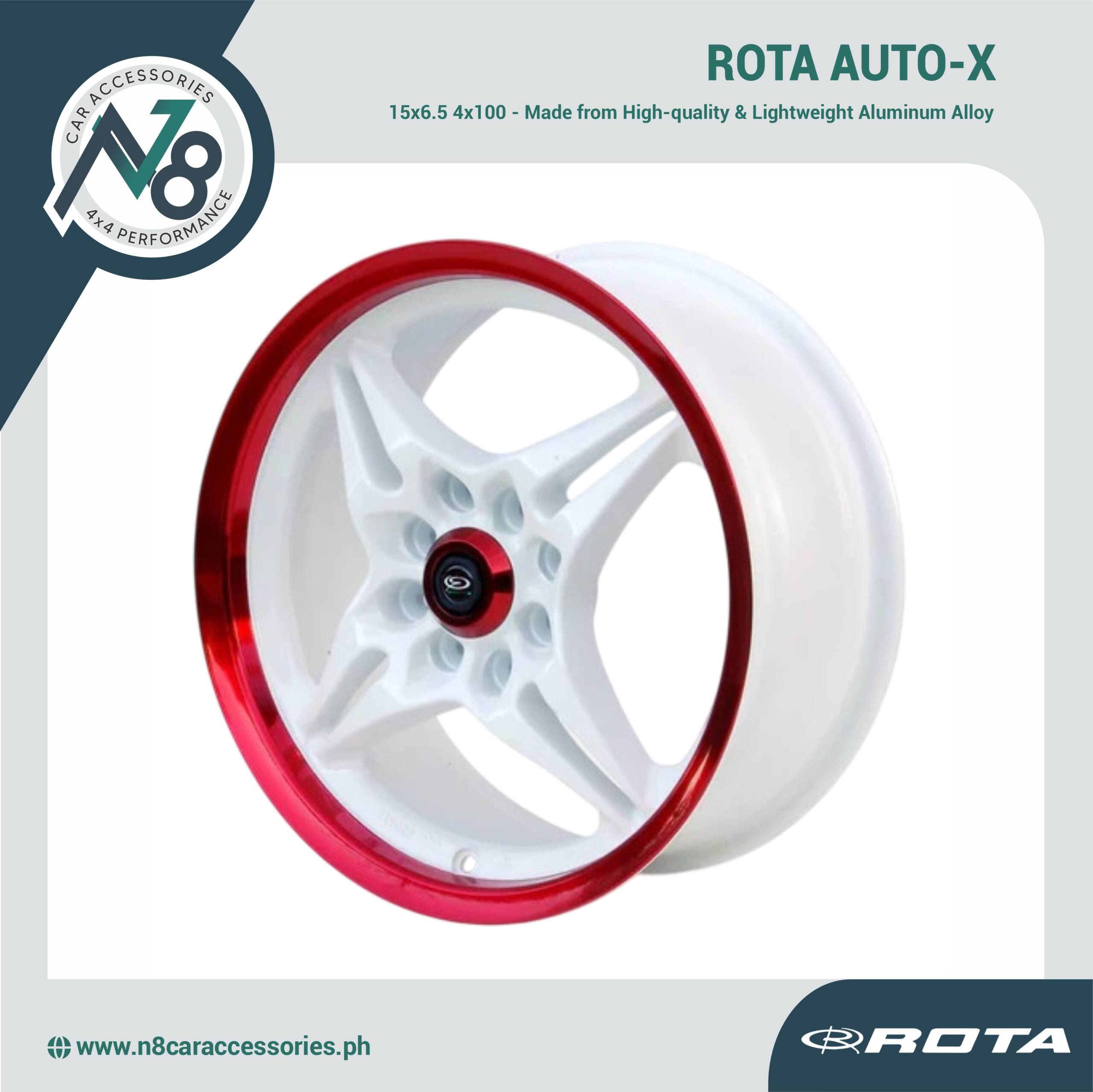 ROTA AUTO-X 15x6.5 4x100 WHITE RED LIP Wheels Genuine