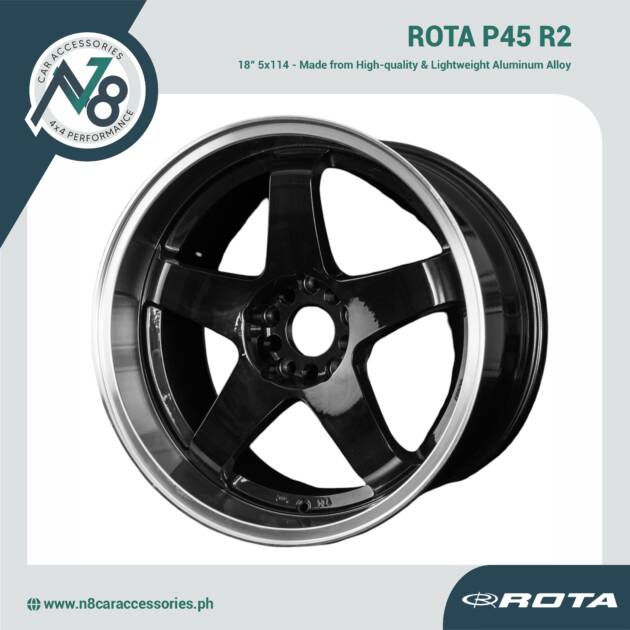 ROTA P45 R2 18x10" 5x114 GLOSS BLACK POLISHED LIP Wheels Genuine