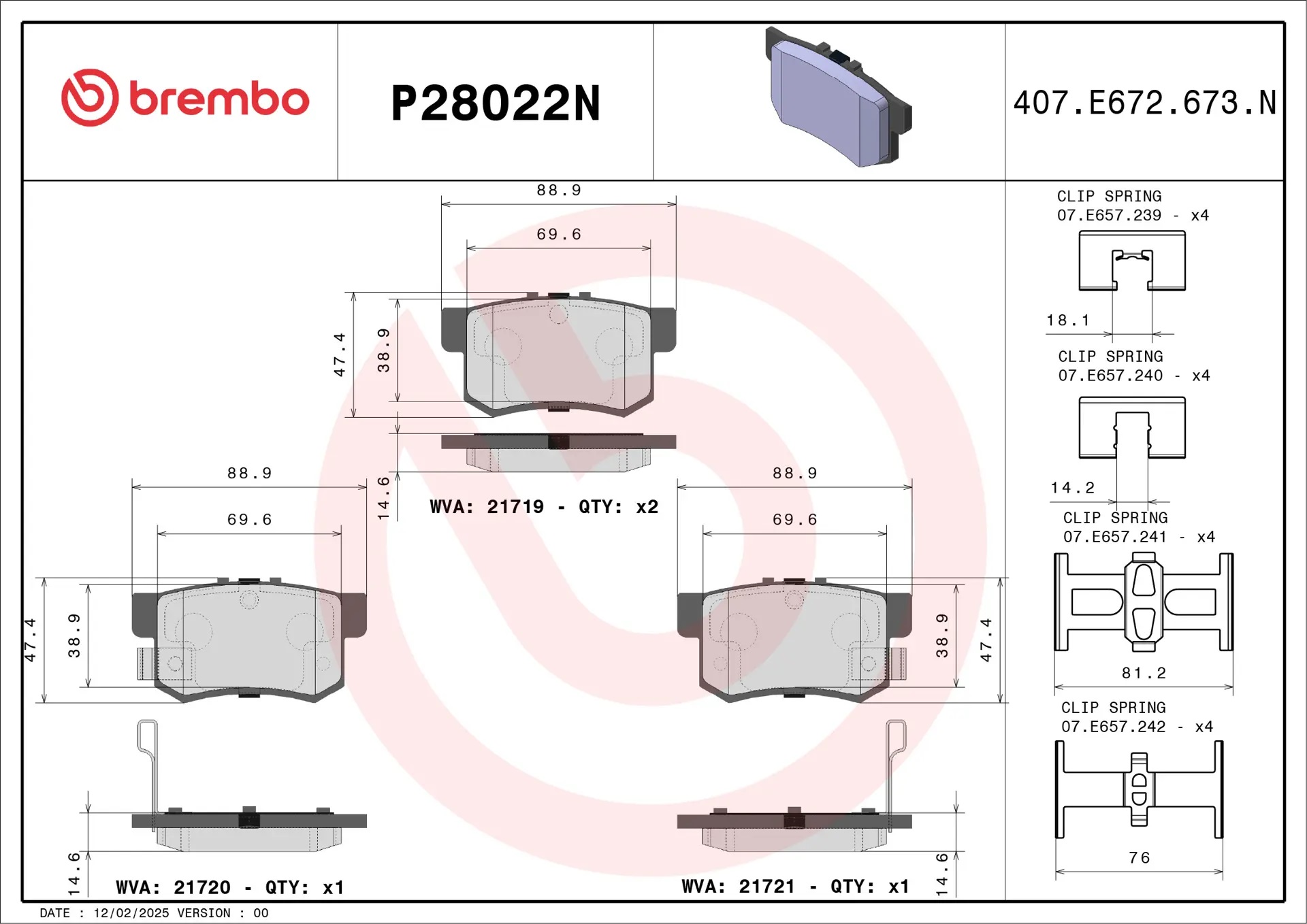 BREMBO Rear Brake Pad Prime Ceramic P28022N Genuine - Image 3