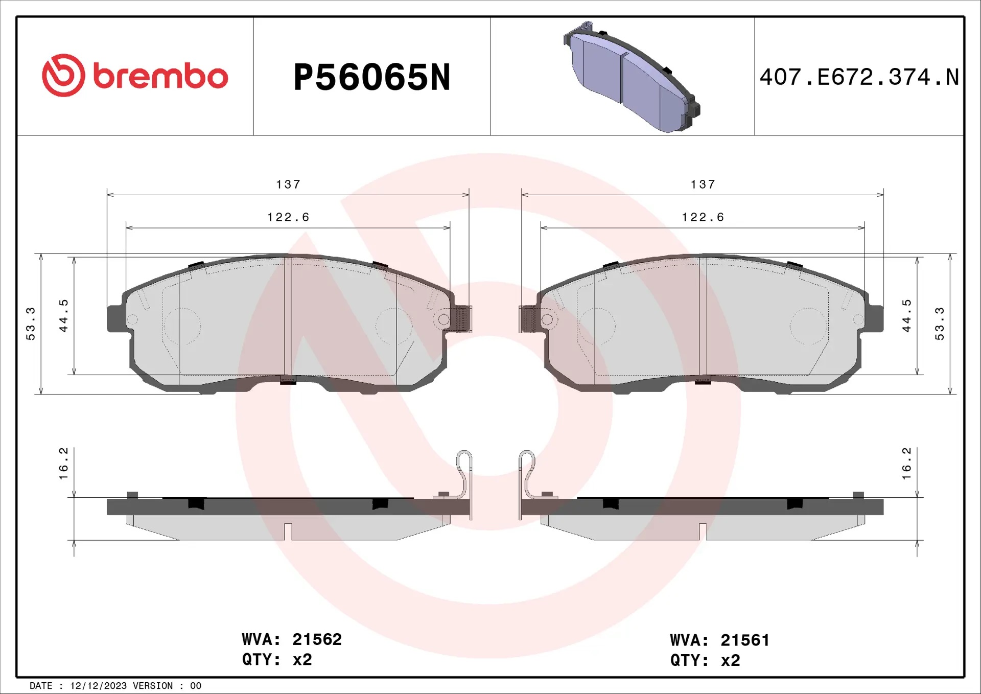 BREMBO Front Brake Pad Prime Ceramic P56065N Genuine - Image 3