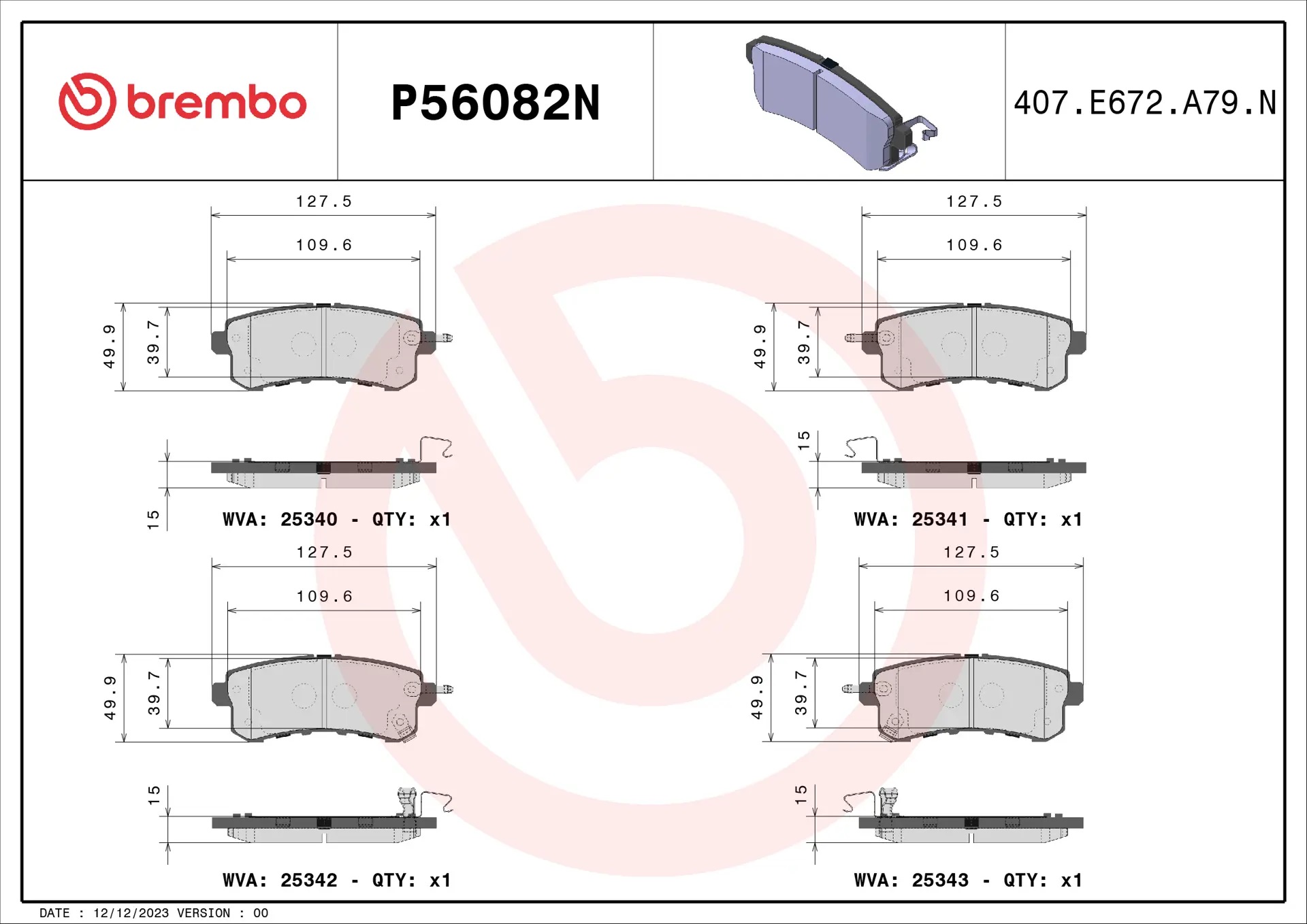 BREMBO Rear Brake Pad Prime Ceramic P56082N Genuine - Image 3