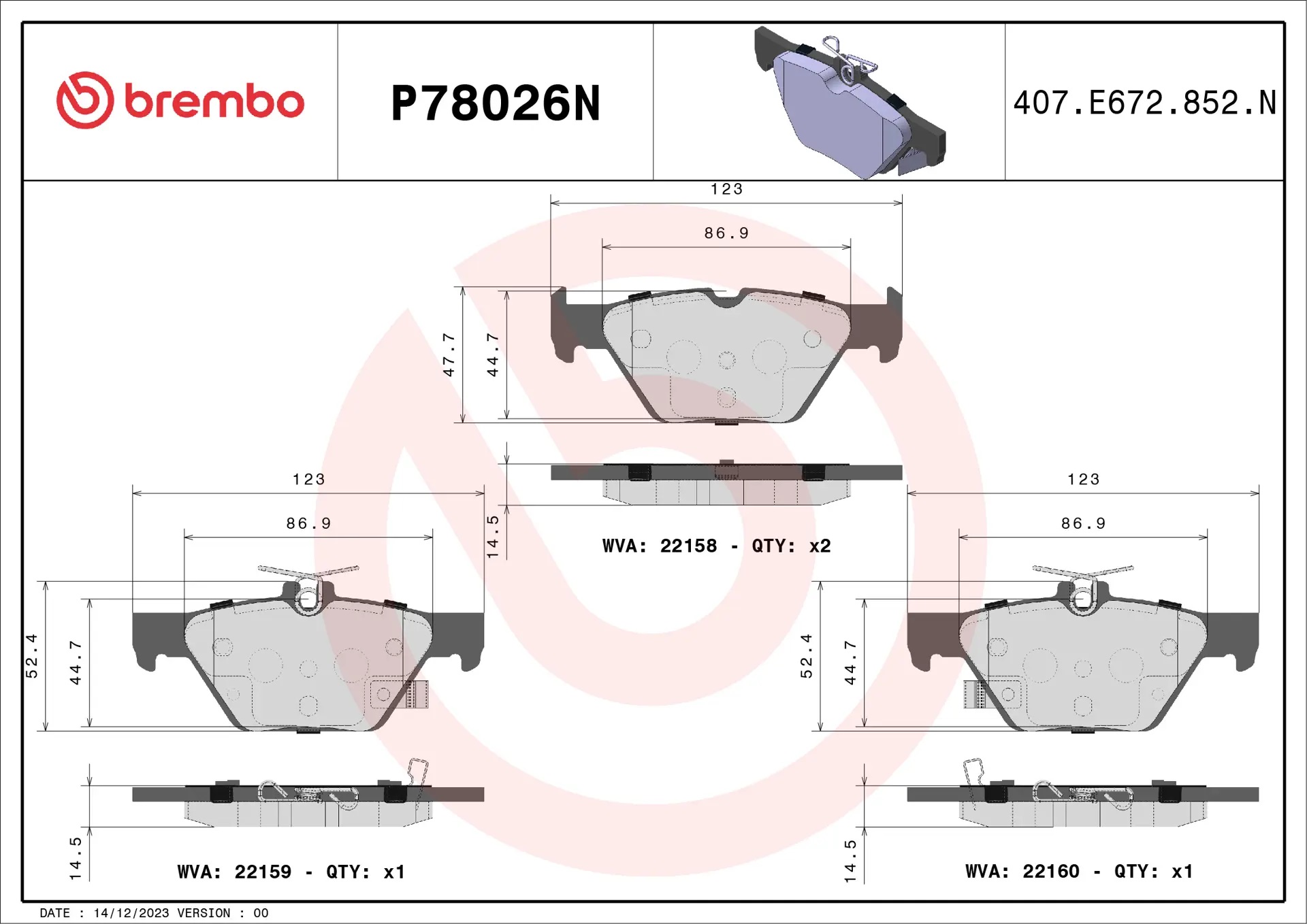 BREMBO Rear Brake Pad Prime Ceramic P78026N Genuine - Image 3