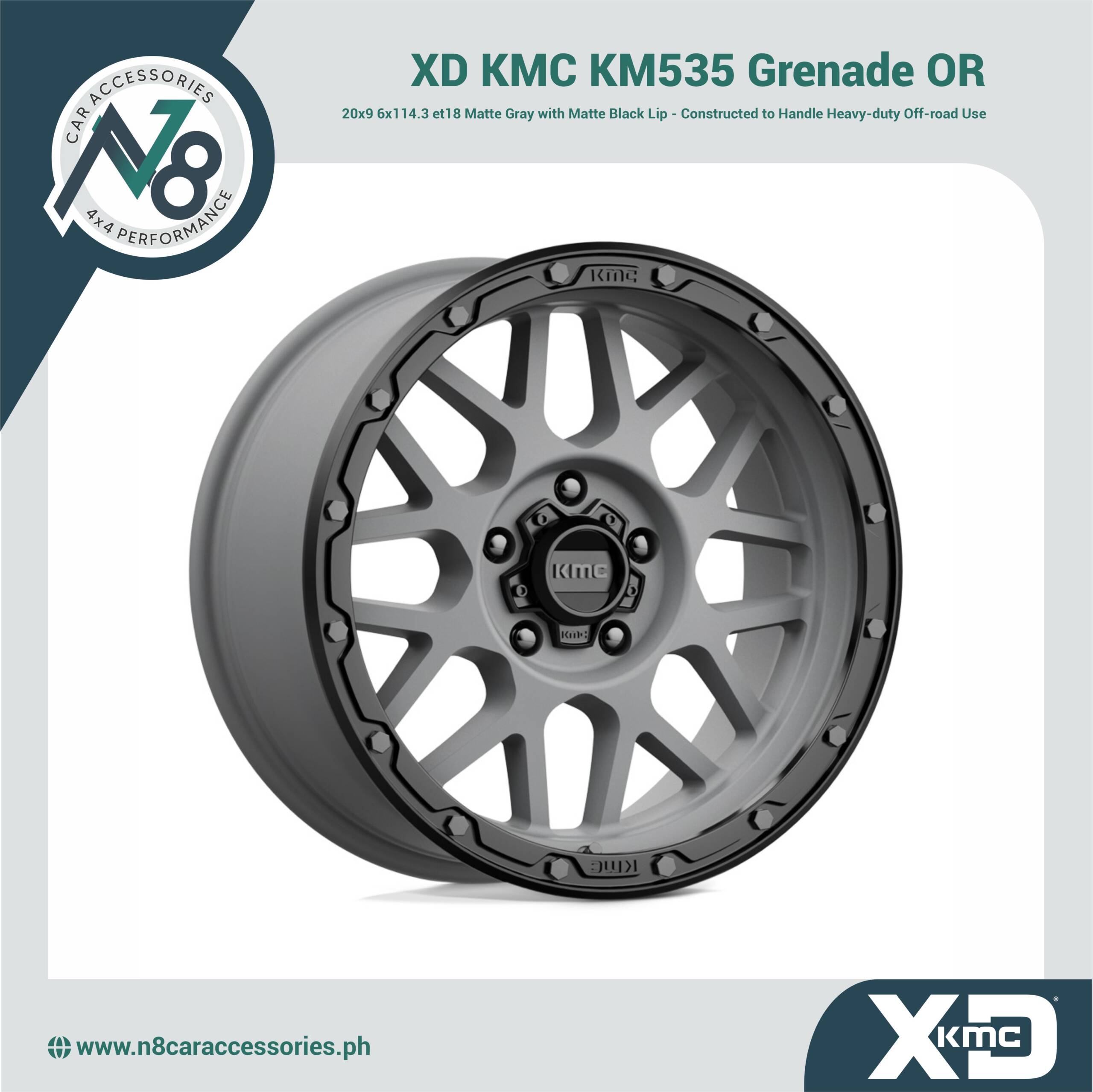 XD KMC KM535 Grenade OR 20x9 6x114.3 et18 Matte Gray with Matte Black Lip Genuine