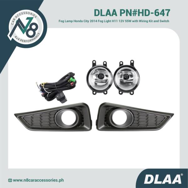DLAA Fog Lamp Honda City 2014 Fog Light H11 12V 55W with Wiring Kit and Switch (2 pieces) - PN#HD-647 Genuine